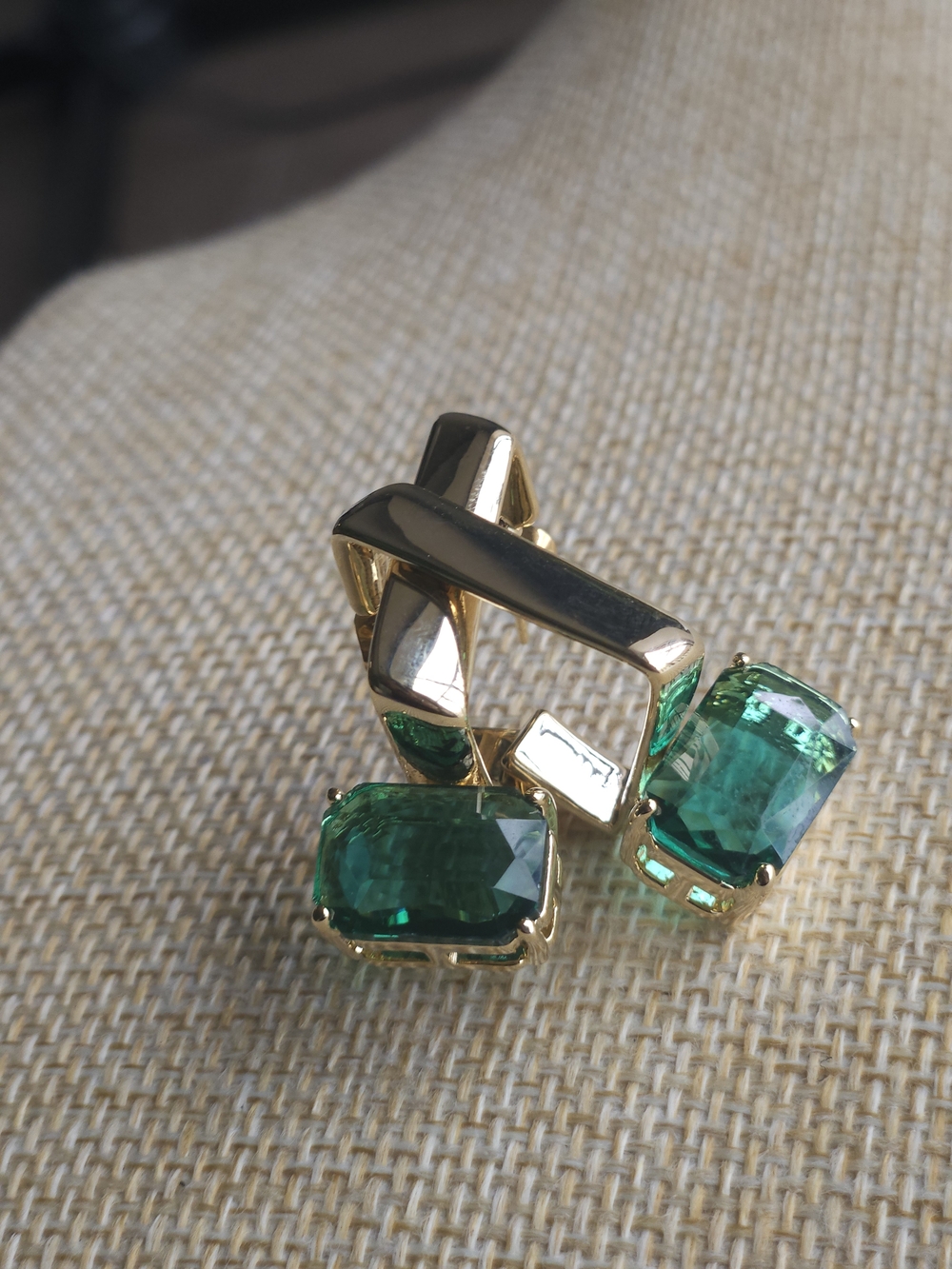 Gold Plated Women’s Earrings with Emerald Green Stones